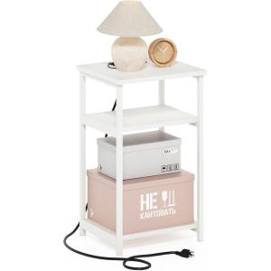 Furinno Moretti Side Table, 3-Tier End Table with Charging Station, Metal Frame Night Stand, Bedside Table with USB and Type-C Charging Port, for Living Room, Bedroom, Bauhaus Oak(Solid White)
