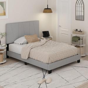 Furinno Skylar Bed Frame, Twin Size Bedframe with Geometric Design Upholstered Headboard, Bed with Adjustable Headboard, No Box Spring Needed, 12pcs Wooden Slat Support, for Bedroom, Dorm, Glacier(Full)