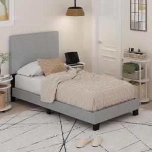Furinno Skylar Bed Frame, Twin Size Bedframe with Geometric Design Upholstered Headboard, Bed with Adjustable Headboard, No Box Spring Needed, 12pcs Wooden Slat Support, for Bedroom, Dorm, Glacier(Twin)