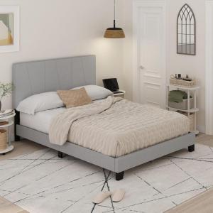 Furinno Skylar Bed Frame, Twin Size Bedframe with Geometric Design Upholstered Headboard, Bed with Adjustable Headboard, No Box Spring Needed, 12pcs Wooden Slat Support, for Bedroom, Dorm, Glacier(Queen)