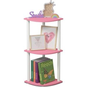 Furinno TURN-N-TUBE Corner Shelf, 3-Tier Corner Bookshelf, Display Storage Shelves with Open Shelves, for Organization and Storage, Living Room, Home Office, Garage, Amber Pine(Pink/White)