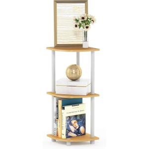 Furinno TURN-N-TUBE Corner Shelf, 3-Tier Corner Bookshelf, Display Storage Shelves with Open Shelves, for Organization and Storage, Living Room, Home Office, Garage, Amber Pine(Beech/White)