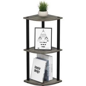 Furinno TURN-N-TUBE Corner Shelf, 3-Tier Corner Bookshelf, Display Storage Shelves with Open Shelves, for Organization and Storage, Living Room, Home Office, Garage, Amber Pine(French Oak Grey/Black)