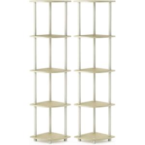 Furinno TURN-N-TUBE Corner Shelf, 5-Tier Corner Bookshelf, Open Storage Shelves, for Organization and Storage, Living Room, Home Office, Garage, Bedroom, Espresso(Cream Faux Marble/White)