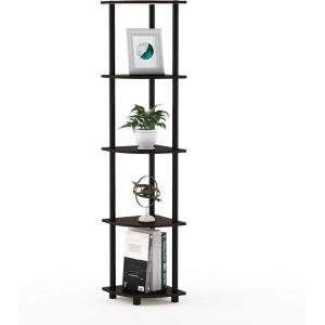 Furinno TURN-N-TUBE Corner Shelf, 5-Tier Corner Bookshelf, Open Storage Shelves, for Organization and Storage, Living Room, Home Office, Garage, Bedroom, Espresso(Dark Brown Grain/Black)