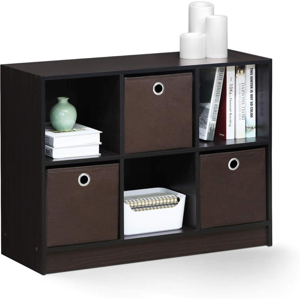 imageFurinno BASIC Book Shelf 6Cube Bookshelf with Open Shelf 3 x 2 Bookcase with Storage Bins Closed Back Horizontal 119 x 316 x 236 for Living Room Bedroom Home Office AmericanoDark Walnut