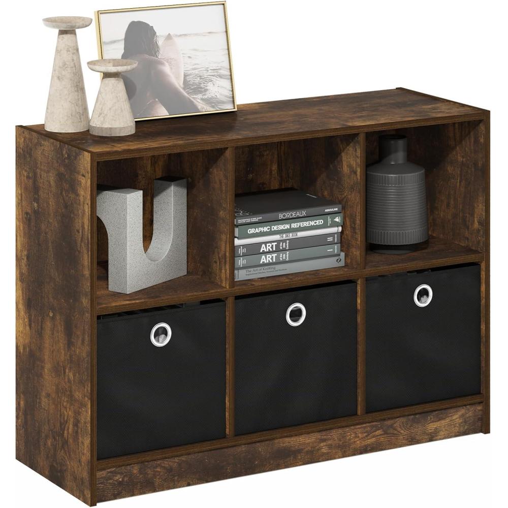 imageFurinno BASIC Book Shelf 6Cube Bookshelf with Open Shelf 3 x 2 Bookcase with Storage Bins Closed Back Horizontal 119 x 316 x 236 for Living Room Bedroom Home Office AmericanoAmber PineBlack