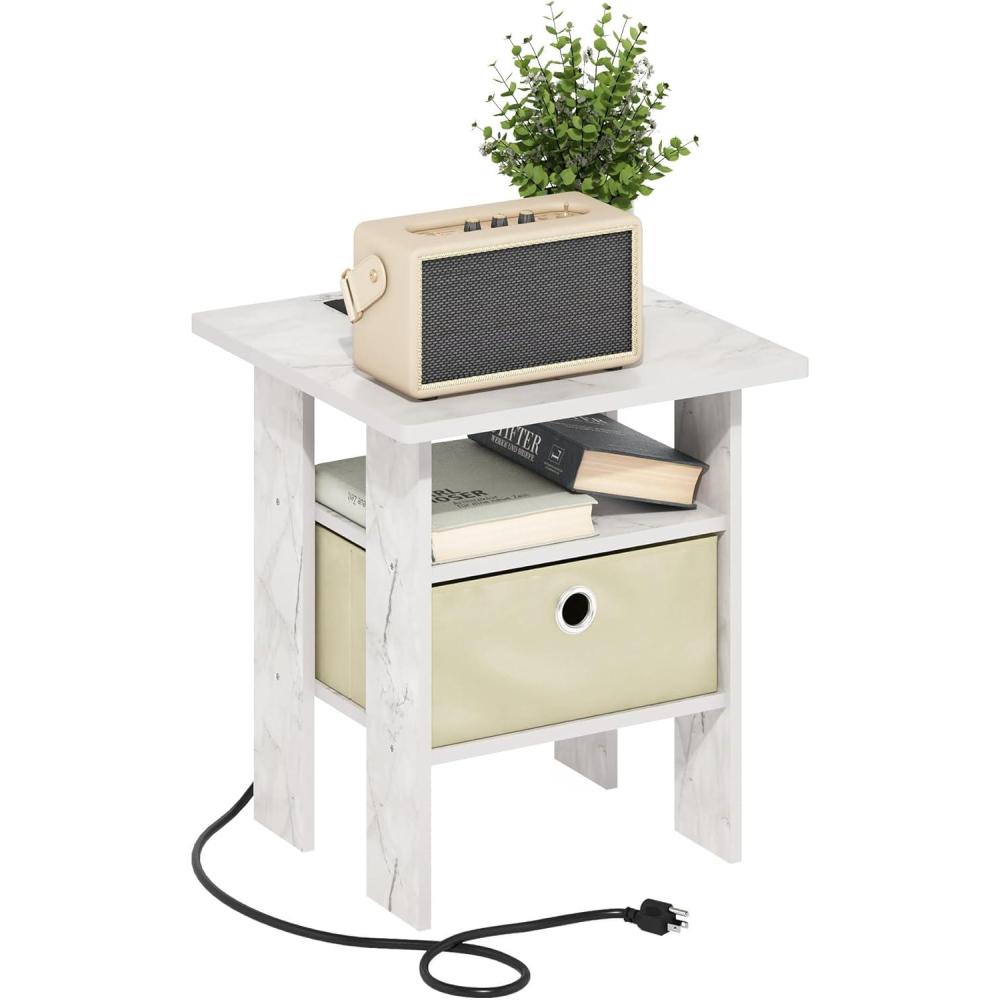 imageFurinno DARIO Side Table Square End Table with Storage Bin Round Corner Night Stand Bedside Table with Open Back Shelf for Living Room Bedroom EspressoMarble WhiteIvory