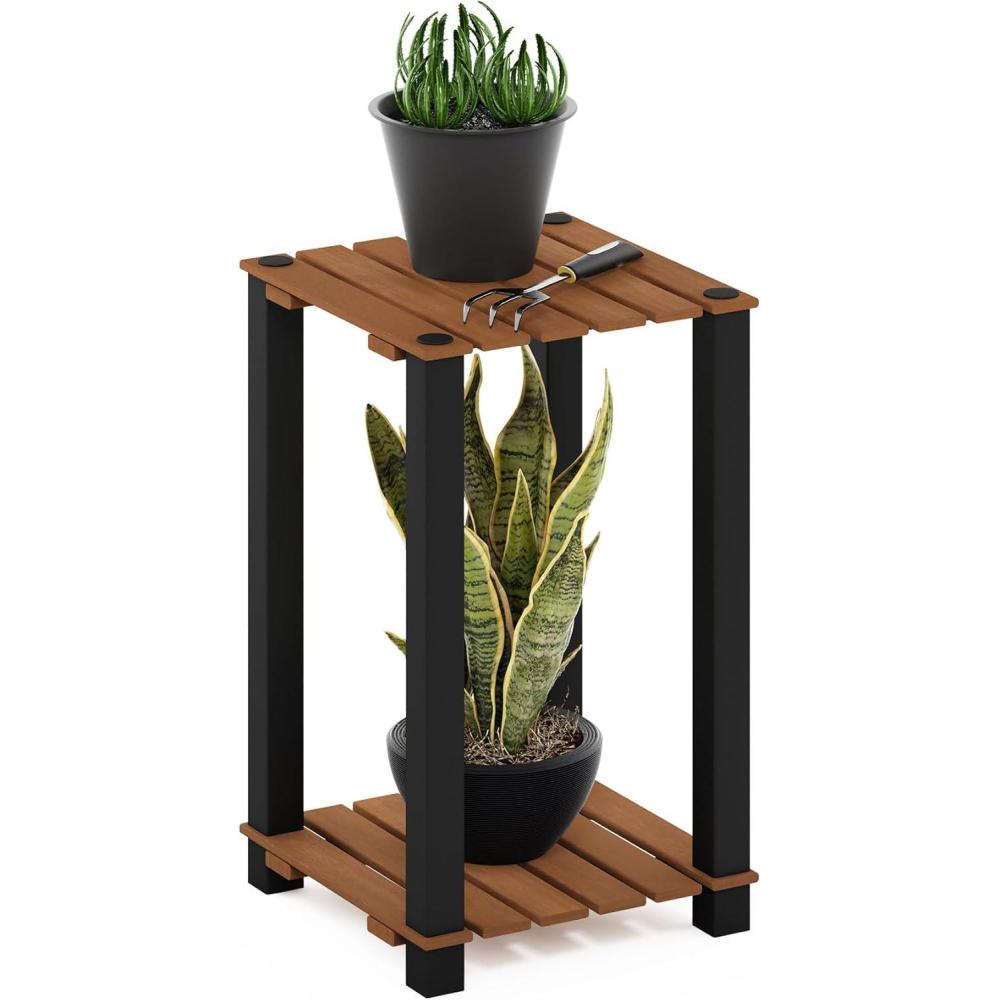 imageFurinno Pangkor 3Tier TurnNTube Indoor Outdoor Plant Shelf Wood Stand with Square Poles NaturalBlack2 Tier Square Poles
