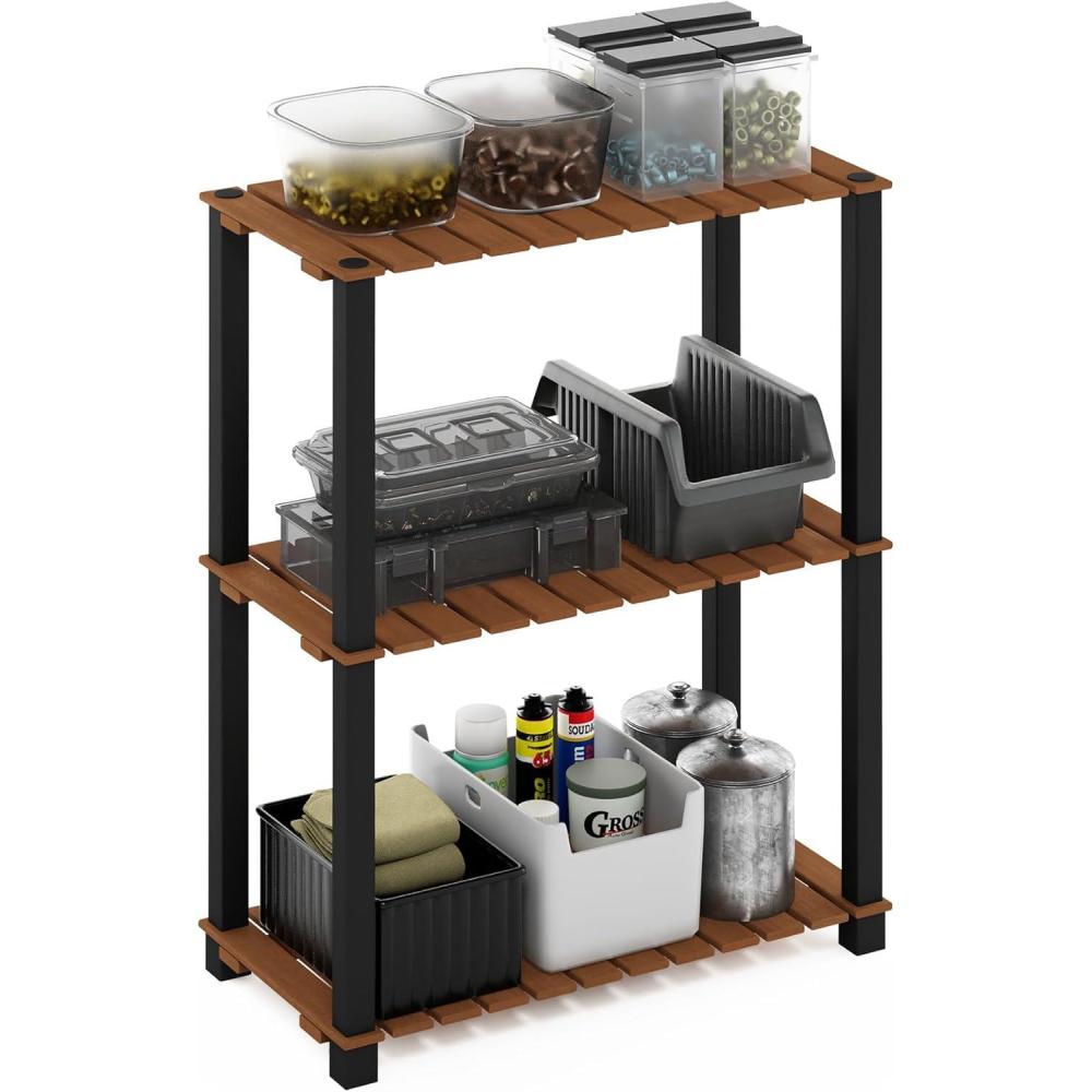 imageFurinno Pangkor 3Tier TurnNTube Indoor Outdoor Plant Shelf Wood Stand with Square Poles NaturalBlack3Tier Rectangle