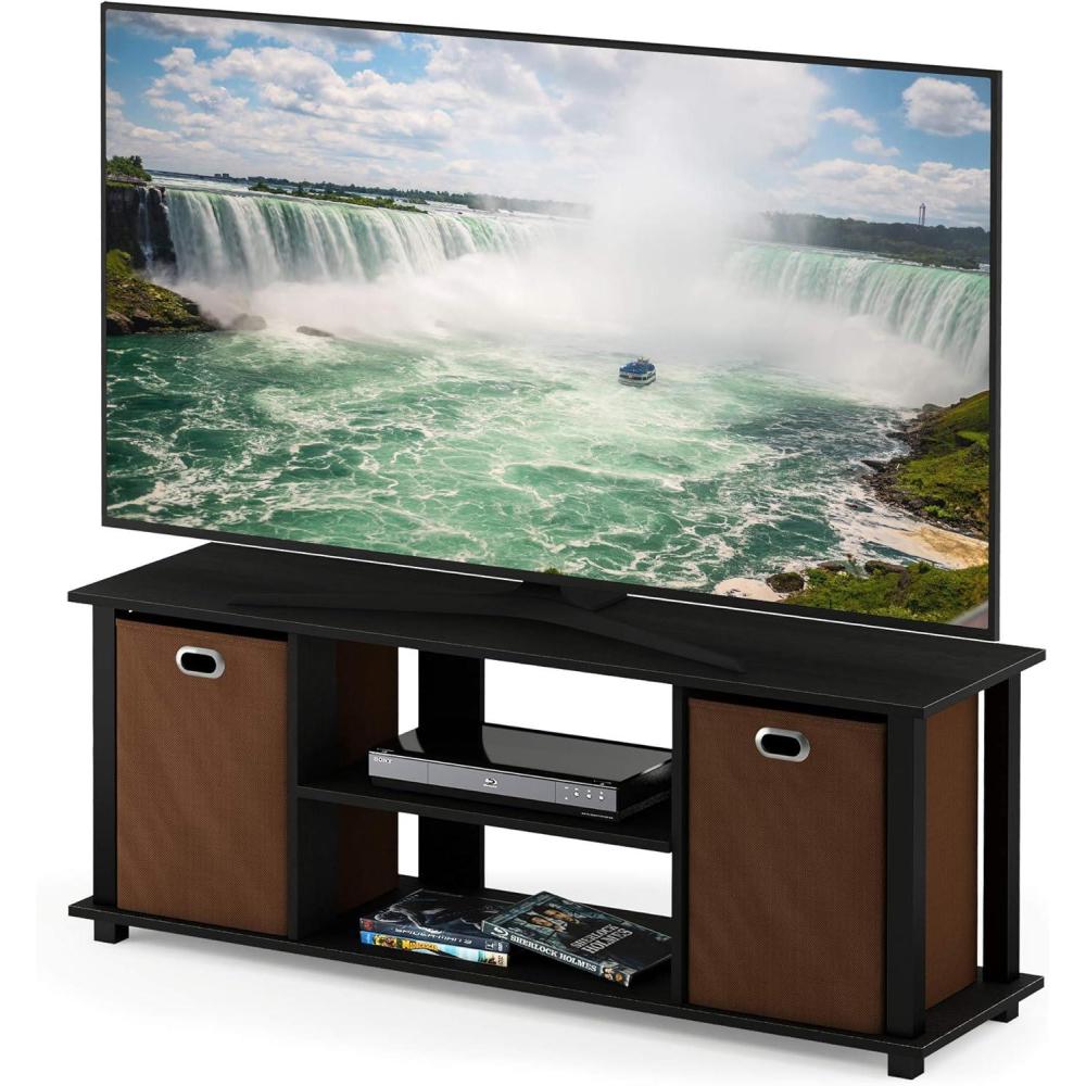 imageFurinno SIMPLISTIC TV Stand 3Tier Entertainment Center Open Shelf TV Console for TV up to 33 Inch with Bin Drawers for Living Room Bedroom French OakAmericanoBlackBrown