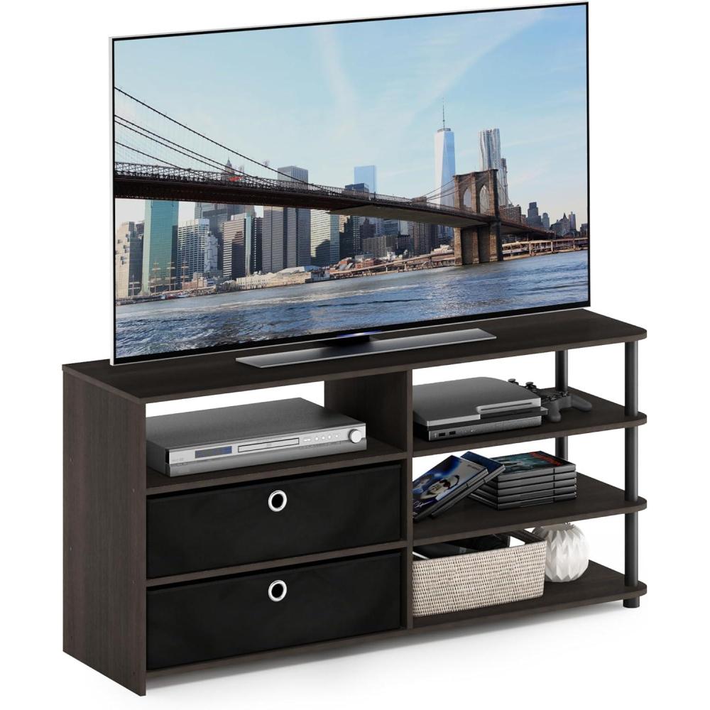 imageFurinno SIMPLISTIC TV Stand 3Tier Entertainment Center Open Shelf TV Console for TV up to 33 Inch with Bin Drawers for Living Room Bedroom French OakWalnutBlack