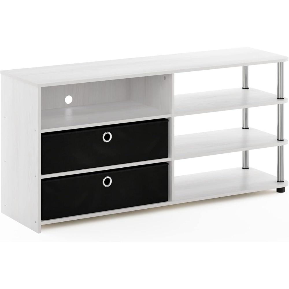 imageFurinno SIMPLISTIC TV Stand 3Tier Entertainment Center Open Shelf TV Console for TV up to 33 Inch with Bin Drawers for Living Room Bedroom French OakWhite Oak
