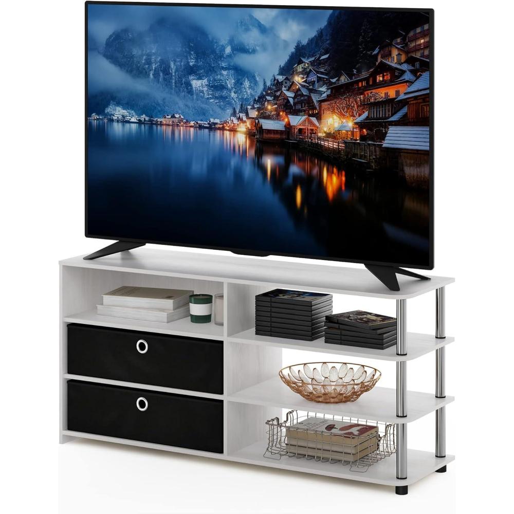imageFurinno SIMPLISTIC TV Stand 3Tier Entertainment Center Open Shelf TV Console for TV up to 33 Inch with Bin Drawers for Living Room Bedroom French OakWhite OakStainless SteelBlack