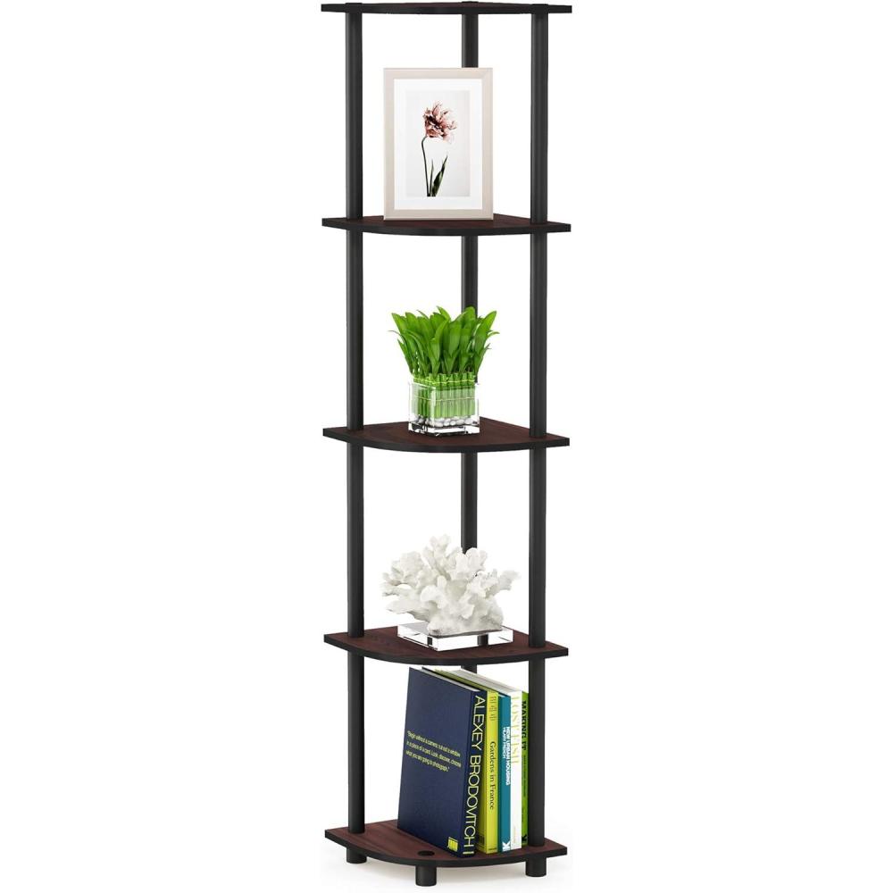 imageFurinno TURNNTUBE Corner Shelf 5Tier Corner Bookshelf Open Storage Shelves for Organization and Storage Living Room Home Office Garage Bedroom Dark Cherry