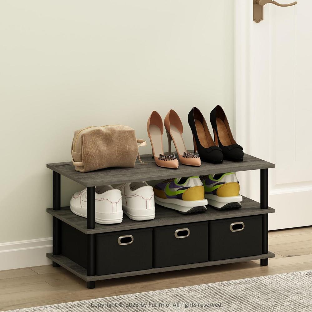 imageFurinno TURNSTUBE Shoe Rack 3Tier Shoe Organizer Shoe Storage Rack with No Tools Assembly 116 x 472 x 154 for Closet Entryway Office Garage EspressoBlackFrench OakBlackBlack