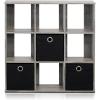 Furinno BASIC Book Shelf, 6-Cube Bookshelf with Open Shelf, 3 x 2 Bookcase with Storage Bins, Closed Back, Horizontal, 11.9″ x 31.6″ x 23.6″, for Living Room, Bedroom, Home Office, Americano(Grey/Black)