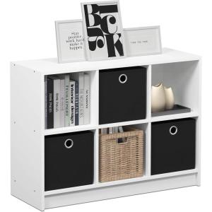 Furinno BASIC Book Shelf, 6-Cube Bookshelf with Open Shelf, 3 x 2 Bookcase with Storage Bins, Closed Back, Horizontal, 11.9″ x 31.6″ x 23.6″, for Living Room, Bedroom, Home Office, Americano(White/Black)