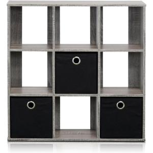 Furinno BASIC Book Shelf, 6-Cube Bookshelf with Open Shelf, 3 x 2 Bookcase with Storage Bins, Closed Back, Horizontal, 11.9″ x 31.6″ x 23.6″, for Living Room, Bedroom, Home Office, Americano(Grey/Black)