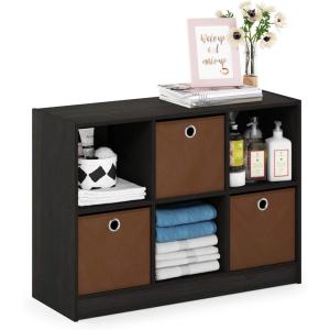 Furinno BASIC Book Shelf, 6-Cube Bookshelf with Open Shelf, 3 x 2 Bookcase with Storage Bins, Closed Back, Horizontal, 11.9″ x 31.6″ x 23.6″, for Living Room, Bedroom, Home Office, Americano(Espresso/Brown)
