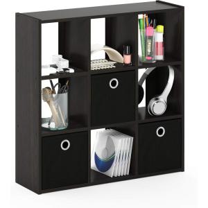 Furinno BASIC Book Shelf, 6-Cube Bookshelf with Open Shelf, 3 x 2 Bookcase with Storage Bins, Closed Back, Horizontal, 11.9″ x 31.6″ x 23.6″, for Living Room, Bedroom, Home Office, Americano(Espresso/Black)