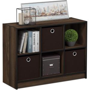 Furinno BASIC Book Shelf, 6-Cube Bookshelf with Open Shelf, 3 x 2 Bookcase with Storage Bins, Closed Back, Horizontal, 11.9″ x 31.6″ x 23.6″, for Living Room, Bedroom, Home Office, Americano(Columbia Walnut/Dark Brown)
