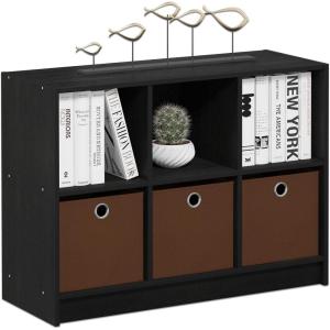 Furinno BASIC Book Shelf, 6-Cube Bookshelf with Open Shelf, 3 x 2 Bookcase with Storage Bins, Closed Back, Horizontal, 11.9″ x 31.6″ x 23.6″, for Living Room, Bedroom, Home Office, Americano(Americano/Medium Brown)