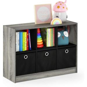 Furinno BASIC Book Shelf, 6-Cube Bookshelf with Open Shelf, 3 x 2 Bookcase with Storage Bins, Closed Back, Horizontal, 11.9″ x 31.6″ x 23.6″, for Living Room, Bedroom, Home Office, Americano(French Oak Grey/Black)