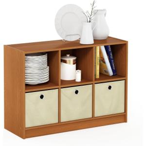 Furinno BASIC Book Shelf, 6-Cube Bookshelf with Open Shelf, 3 x 2 Bookcase with Storage Bins, Closed Back, Horizontal, 11.9″ x 31.6″ x 23.6″, for Living Room, Bedroom, Home Office, Americano(Light Cherry/Ivory)