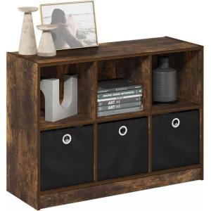 Furinno BASIC Book Shelf, 6-Cube Bookshelf with Open Shelf, 3 x 2 Bookcase with Storage Bins, Closed Back, Horizontal, 11.9″ x 31.6″ x 23.6″, for Living Room, Bedroom, Home Office, Americano(Amber Pine/Black)