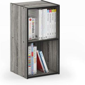 Furinno BASIC Book Shelf, 6-Cube Bookshelf with Open Shelf, 3 x 2 Bookcase with Storage Bins, Closed Back, Horizontal, 11.9″ x 31.6″ x 23.6″, for Living Room, Bedroom, Home Office, Americano(French Oak/Black)