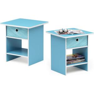 Furinno DARIO Side Table, Square End Table with Storage Bin, Round Corner Night Stand, Bedside Table with Open Back Shelf, for Living Room, Bedroom, Espresso(Light Blue/Light Blue)