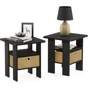 Furinno DARIO Side Table, Square End Table with Storage Bin, Round Corner Night Stand, Bedside Table with Open Back Shelf, for Living Room, Bedroom, Espresso(Espresso)