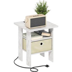 Furinno DARIO Side Table, Square End Table with Storage Bin, Round Corner Night Stand, Bedside Table with Open Back Shelf, for Living Room, Bedroom, Espresso(Marble White/Ivory)