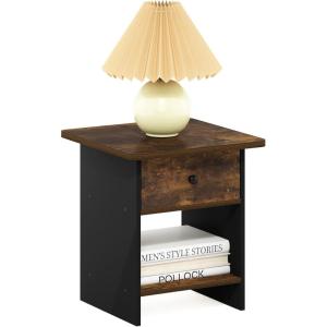 Furinno DARIO Side Table, Square End Table with Storage Bin, Round Corner Night Stand, Bedside Table with Open Back Shelf, for Living Room, Bedroom, Espresso(Amber Pine/Black)