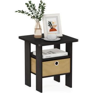Furinno DARIO Side Table, Square End Table with Storage Bin, Round Corner Night Stand, Bedside Table with Open Back Shelf, for Living Room, Bedroom, Espresso(Dark Espresso/Brown)