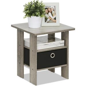 Furinno DARIO Side Table, Square End Table with Storage Bin, Round Corner Night Stand, Bedside Table with Open Back Shelf, for Living Room, Bedroom, Espresso(French Oak)