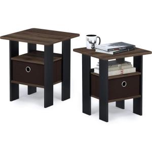 Furinno DARIO Side Table, Square End Table with Storage Bin, Round Corner Night Stand, Bedside Table with Open Back Shelf, for Living Room, Bedroom, Espresso(Walnut/Dark Brown)