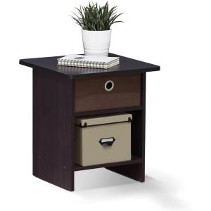 Furinno DARIO Side Table, Square End Table with Storage Bin, Round Corner Night Stand, Bedside Table with Open Back Shelf, for Living Room, Bedroom, Espresso(Dark Walnut)