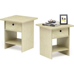 Furinno DARIO Side Table, Square End Table with Storage Bin, Round Corner Night Stand, Bedside Table with Open Back Shelf, for Living Room, Bedroom, Espresso(Beige Marble/Ivory)