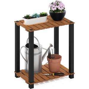 Furinno Pangkor 3-Tier Turn-N-Tube Indoor Outdoor Plant Shelf Wood Stand with Square Poles, Natural/Black(2 Tier Small Rectangle)