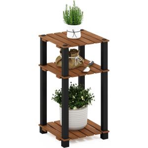 Furinno Pangkor 3-Tier Turn-N-Tube Indoor Outdoor Plant Shelf Wood Stand with Square Poles, Natural/Black(3 Tier Square Poles)