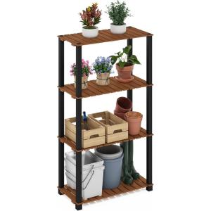 Furinno Pangkor 3-Tier Turn-N-Tube Indoor Outdoor Plant Shelf Wood Stand with Square Poles, Natural/Black(4 Tier Square Poles)