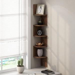 Furinno Rossi 5-Tier Floating Corner Shelf for Wall, Corner Zigzag Shelf Wall Mounted, Radial Wall Mount Shelves, for Home Office, Living Room, Bedroom, Bathroom, White(Columbia Walnut)