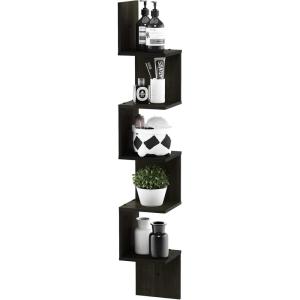 Furinno Rossi 5-Tier Floating Corner Shelf for Wall, Corner Zigzag Shelf Wall Mounted, Radial Wall Mount Shelves, for Home Office, Living Room, Bedroom, Bathroom, White(Espresso)
