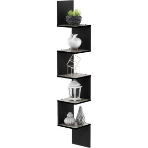 Furinno Rossi 5-Tier Floating Corner Shelf for Wall, Corner Zigzag Shelf Wall Mounted, Radial Wall Mount Shelves, for Home Office, Living Room, Bedroom, Bathroom, White(French Oak Grey/Black)