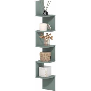Furinno Rossi Wall Mount Floating Corner Shelf, 5-Tier Radial, Columbia Walnut(Sage Green)