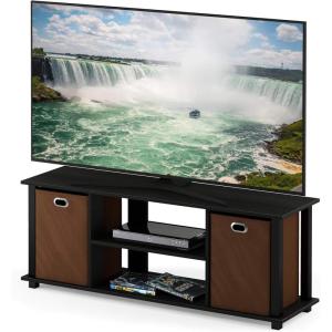 Furinno SIMPLISTIC TV Stand, 3-Tier Entertainment Center, Open Shelf TV Console for TV up to 33 Inch with Bin Drawers, for Living Room, Bedroom, French Oak(Americano/Black/Brown)