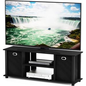 Furinno SIMPLISTIC TV Stand, 3-Tier Entertainment Center, Open Shelf TV Console for TV up to 33 Inch with Bin Drawers, for Living Room, Bedroom, French Oak(Black/Black)
