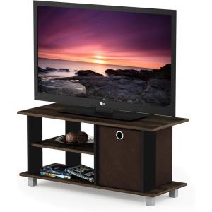 Furinno SIMPLISTIC TV Stand, 3-Tier Entertainment Center, Open Shelf TV Console for TV up to 33 Inch with Bin Drawers, for Living Room, Bedroom, French Oak(Columbia Walnut/Dark Brown)